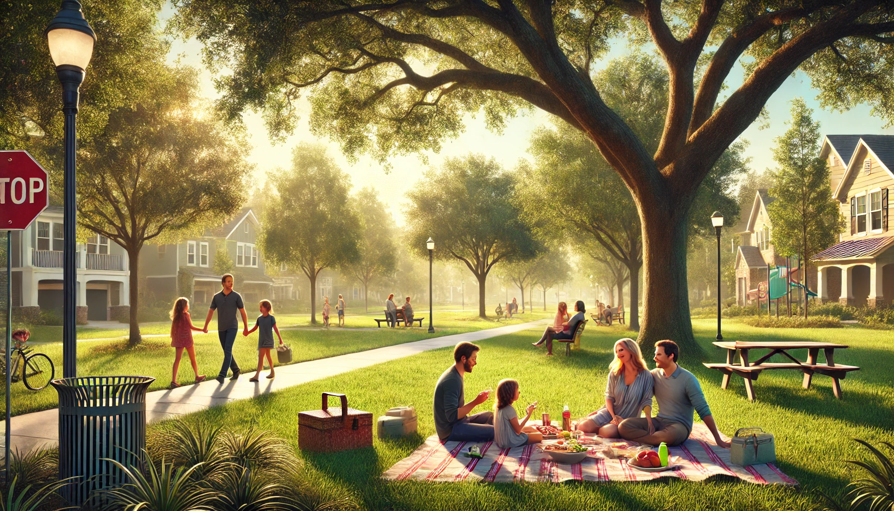 A sunny neighborhood scene with families enjoying a picnic on the grass, walking paths, greenery, and children playing nearby.