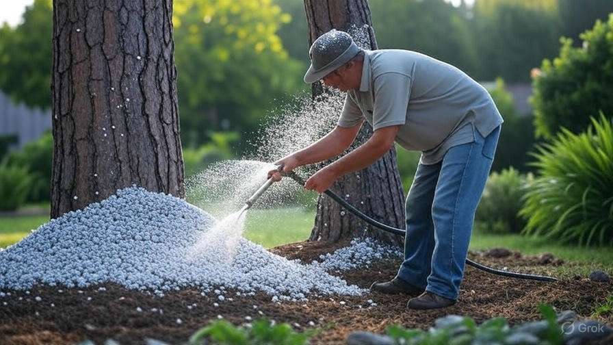 A man waters a mound of white gravel near large trees in a garden, with spray of water glistening in the sunlight.