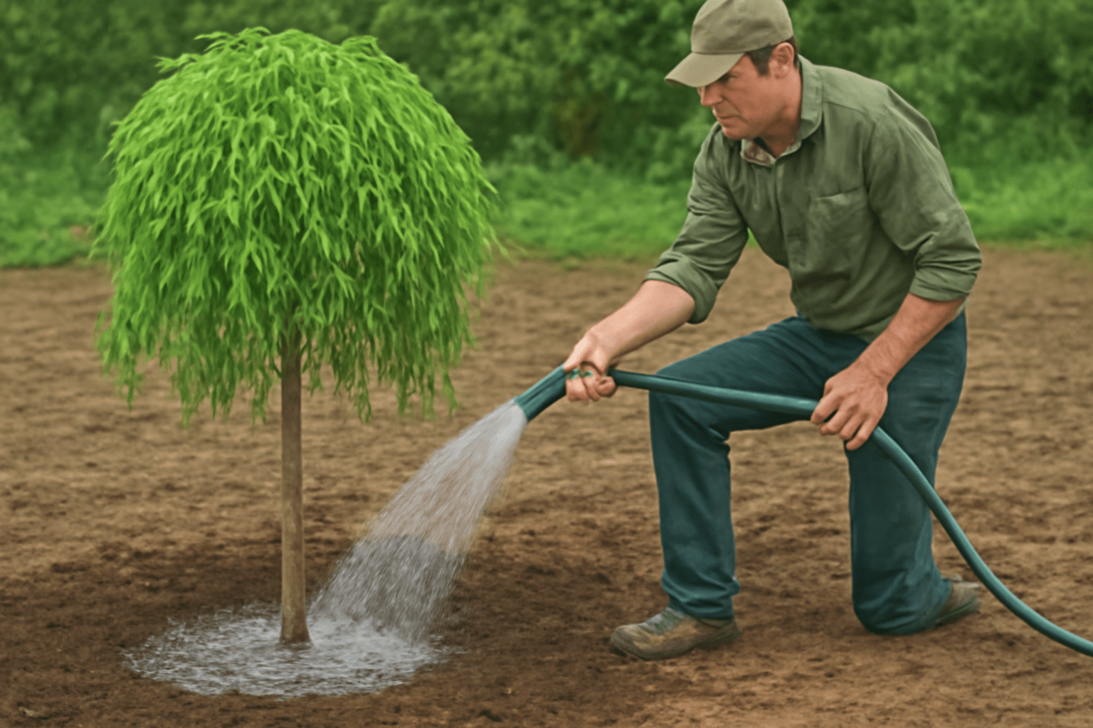 A man watering a tree with a hose, nurturing it in a sunny outdoor environment.