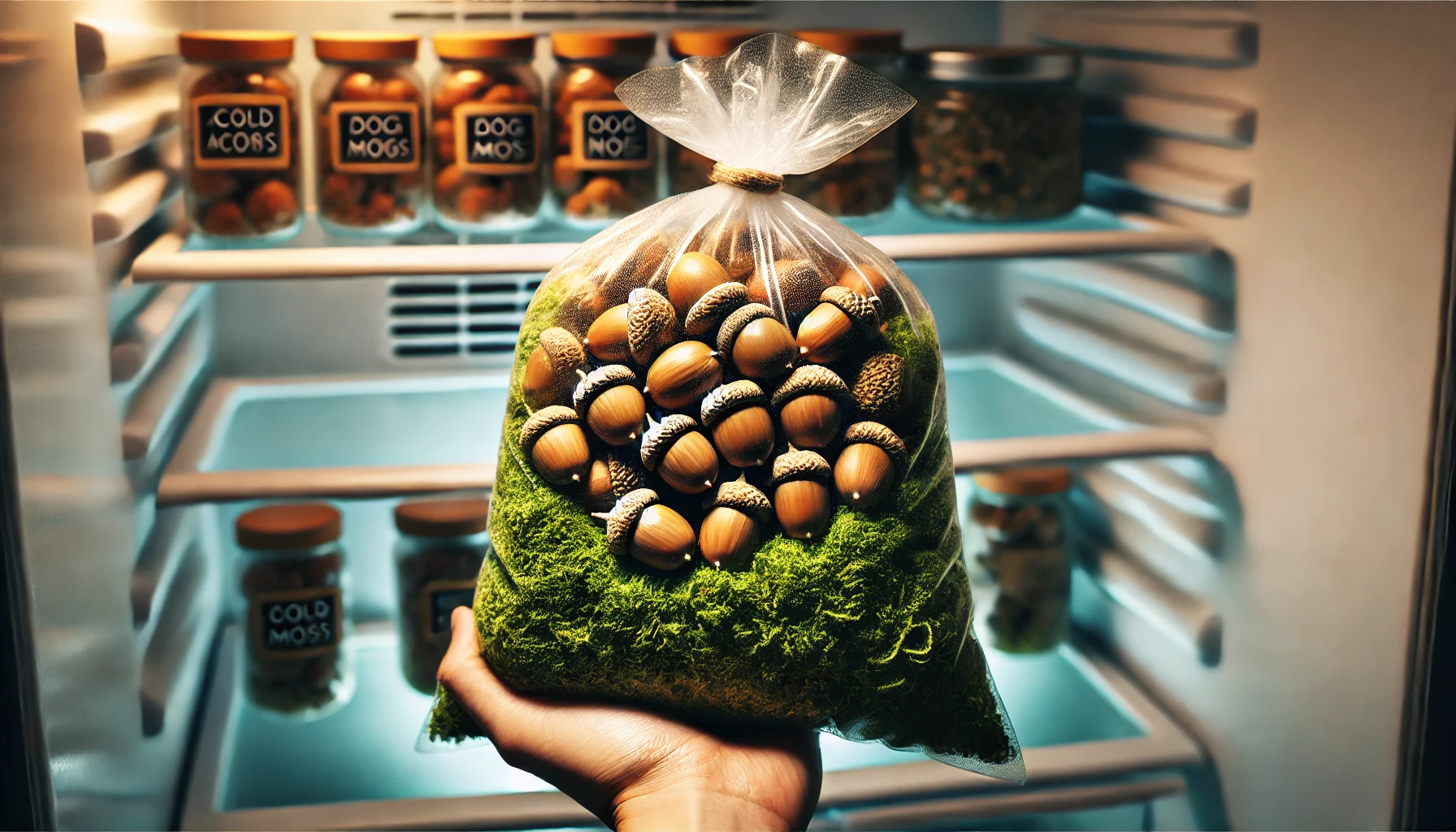 A hand holding a transparent bag filled with acorns and moss, with jars labeled "Cold Acorns" and "Dog Mogs" in a refrigerator background.