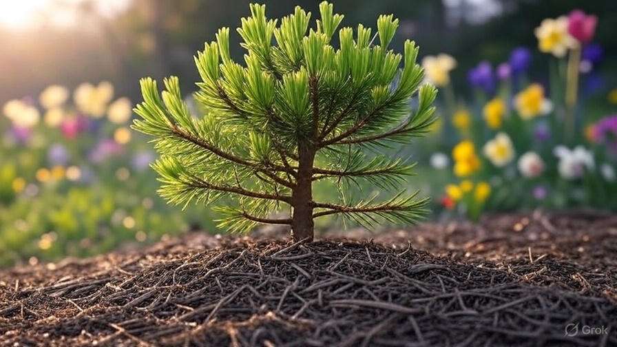 A small pine tree sprouts from rich soil, surrounded by colorful flowers, illuminated by soft sunlight.