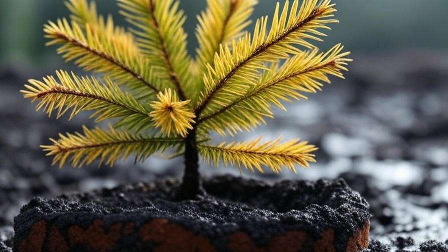 A small yellow-green conifer sapling emerging from dark soil, symbolizing growth and renewal in nature.