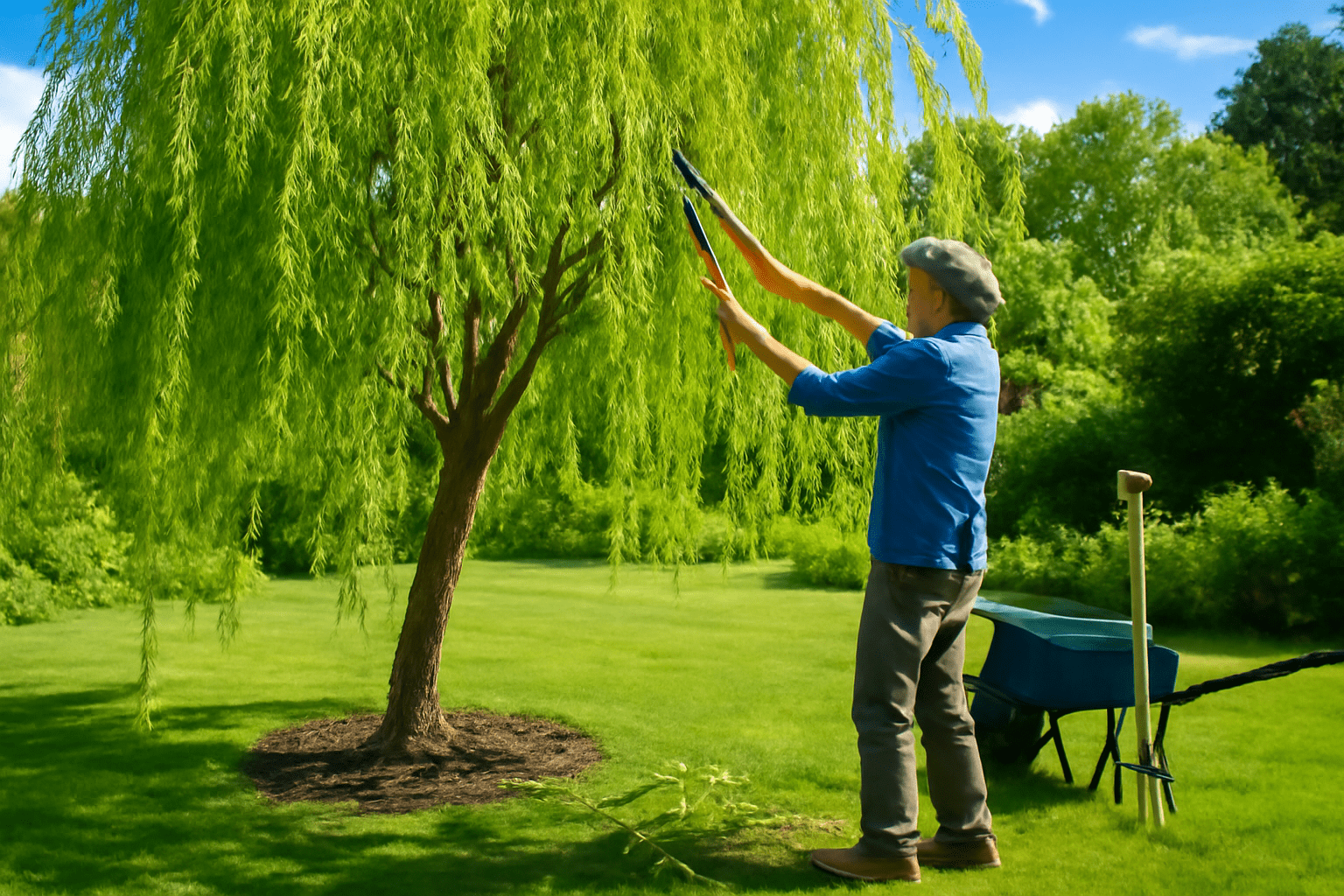 A person in a blue shirt trims a lush green willow tree in a sunny garden using pruning shears. Nearby are a blue wheelbarrow and a shovel.