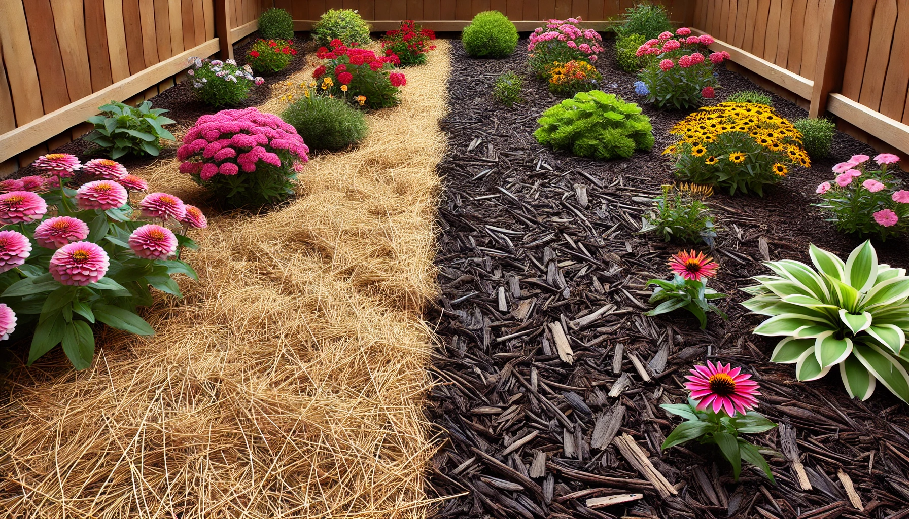 A vibrant garden split by straw and dark mulch, showcasing various colorful flowers in full bloom amidst lush greenery.