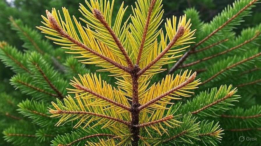 Close-up of a pine tree branch showing vibrant yellow-green needles against a backdrop of lush green foliage.