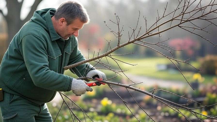 A gardener in green clothing uses pruning shears to trim a branch on a sunny day in a flower-filled park.