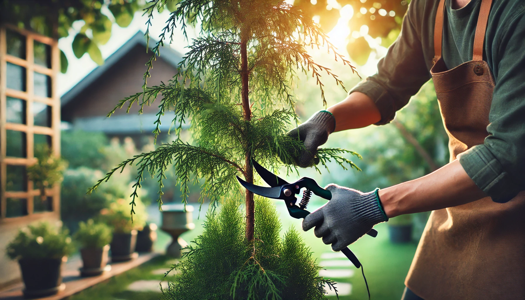 A gardener in gloves trims a young tree with pruning shears, backlit by golden sunlight, surrounded by lush greenery.
