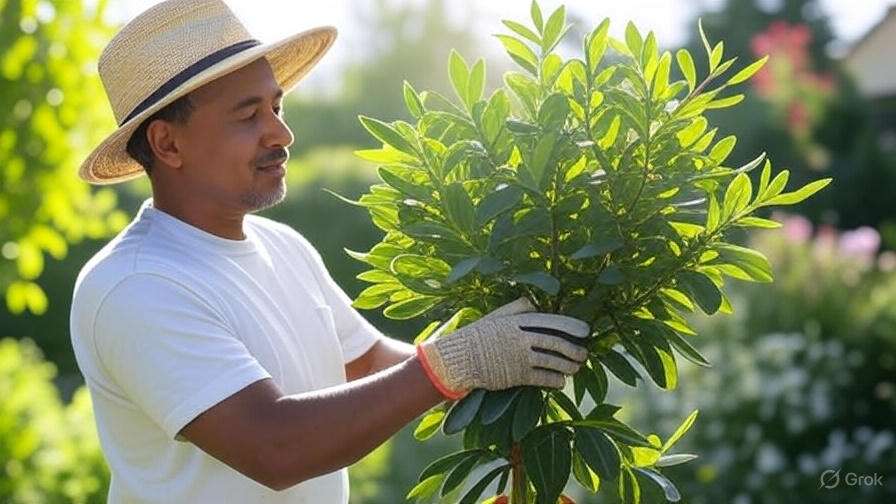 A man in a hat and gloves gently holds a potted plant, emphasizing his connection to gardening and nature.