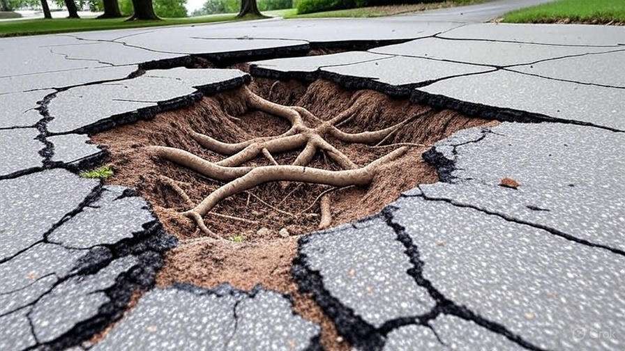A cracked asphalt road with visible roots protruding from a large hole, surrounded by damaged pavement and exposed soil.