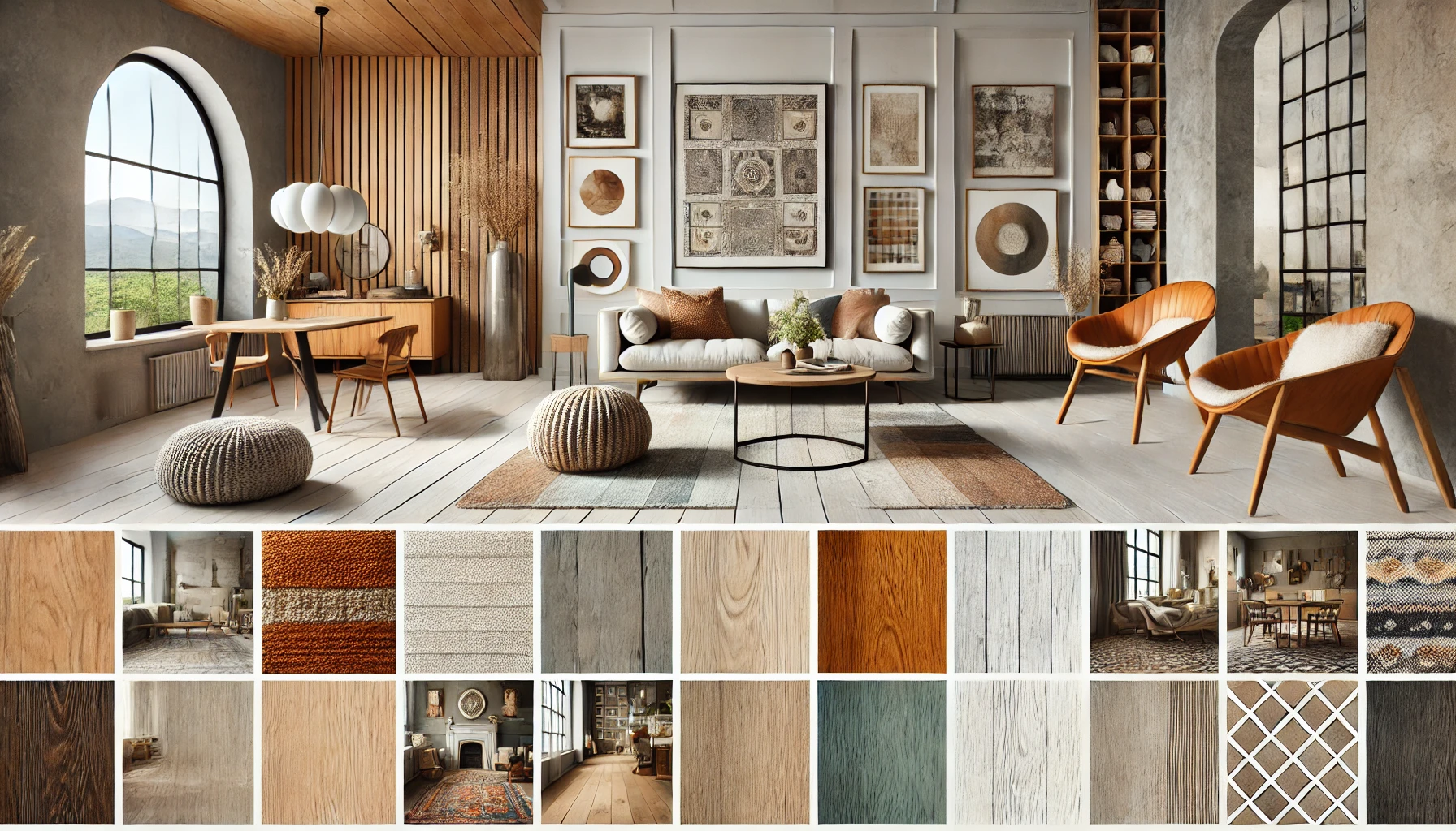 A modern living room with wood accents, paired furniture, and decorative artwork, featuring a cozy atmosphere and diverse textures.