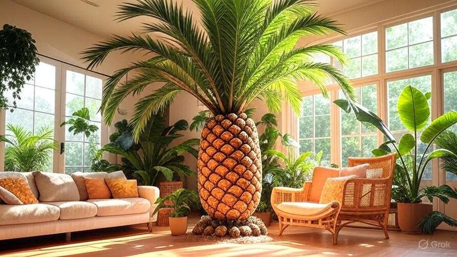A large pineapple sits in a living room filled with various indoor plants, creating a vibrant and tropical atmosphere.
