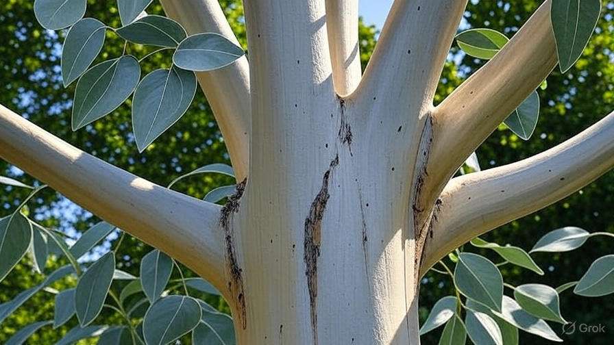 Close-up of a smooth, pale tree trunk with distinctive markings and green leaves against a bright blue sky.
