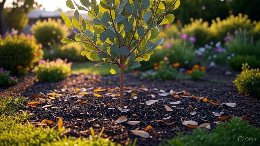 A small tree with green leaves stands in a garden surrounded by colorful flowers and scattered yellow leaves on dark mulch.