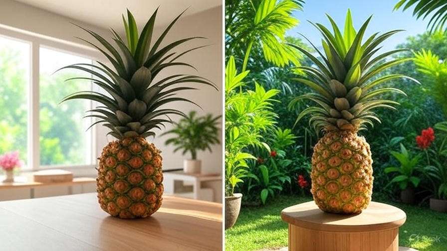 Two images: a pineapple on a table beside a vibrant green plant, showcasing a fresh and lively indoor setting.