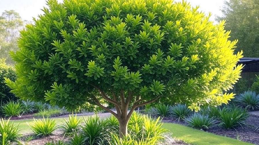 A lush, round tree with vibrant green leaves stands in a well-kept garden, surrounded by ornamental grasses and plants.