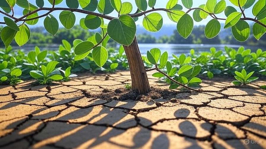 A young tree with vibrant green leaves thrives on cracked, dry soil near a serene water body, symbolizing resilience in harsh conditions.