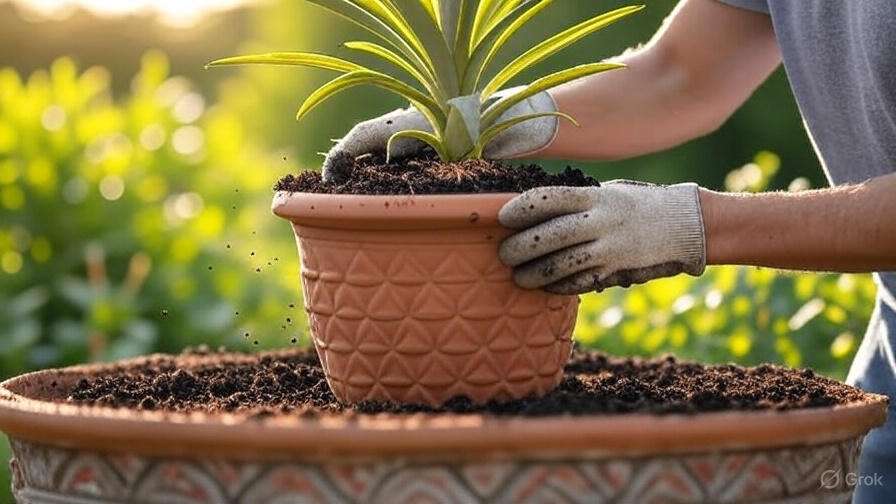 An individual is holding a small potted plant, highlighting its lush foliage and attractive container.