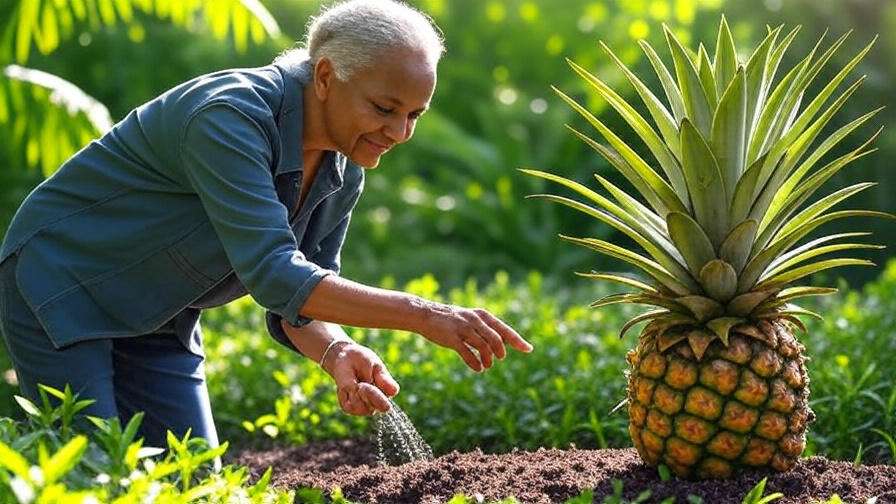 An elderly woman is watering a pineapple plant, demonstrating her dedication to gardening and plant care.