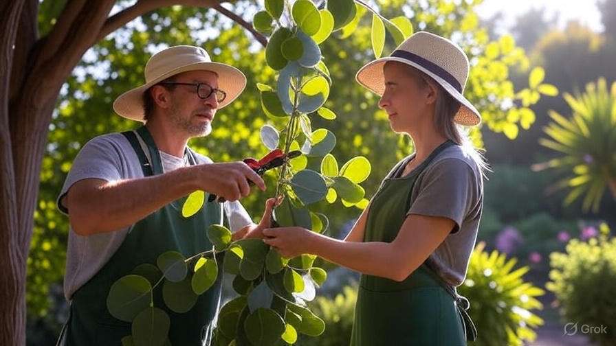 Two gardeners work together, one pruning a plant with shears while the other holds a leafy branch, surrounded by vibrant greenery.