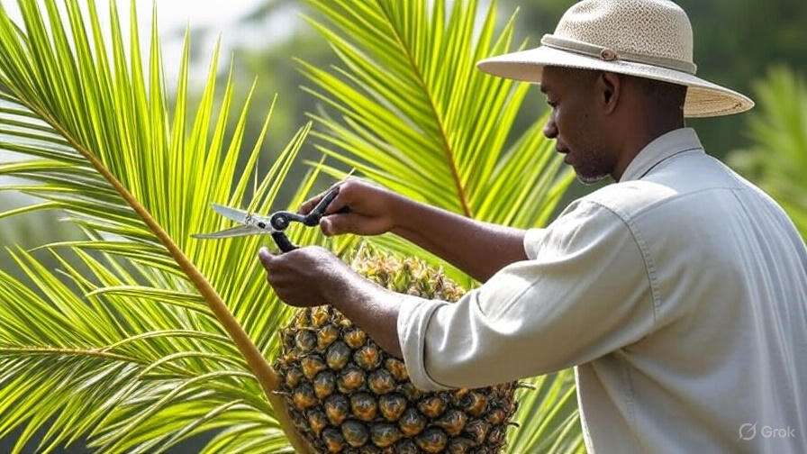 A man using a knife to cut a pineapple from a tree, showcasing the fruit's vibrant color and texture.