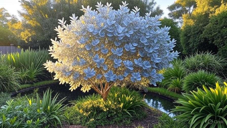 A unique blue tree rises above green plants in a peaceful garden landscape