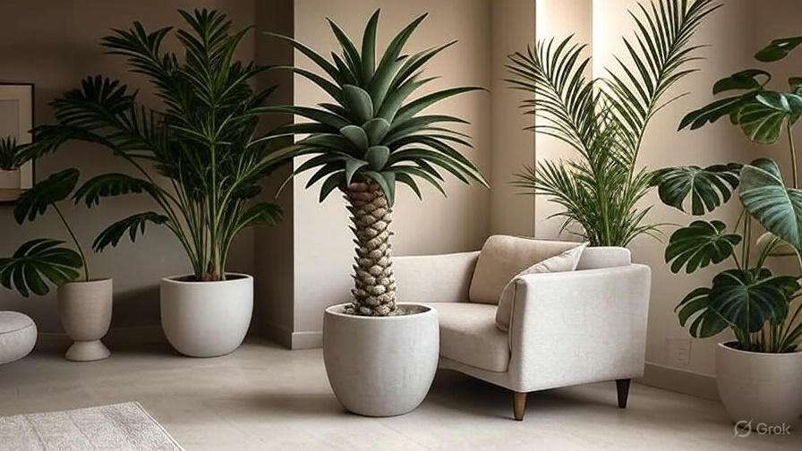  A spacious living room with a prominent potted plant in the corner, enhancing the room's natural ambiance.