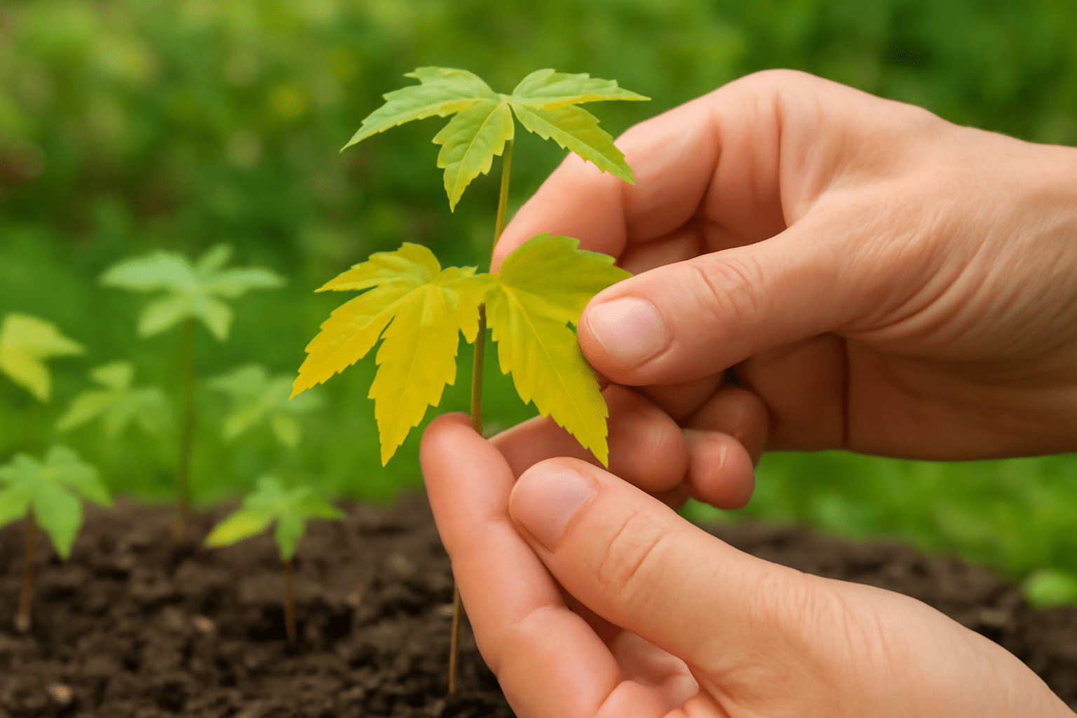 A person gently holds a young green plant with split leaves, surrounded by soil and other small seedlings in a vibrant garden setting.
