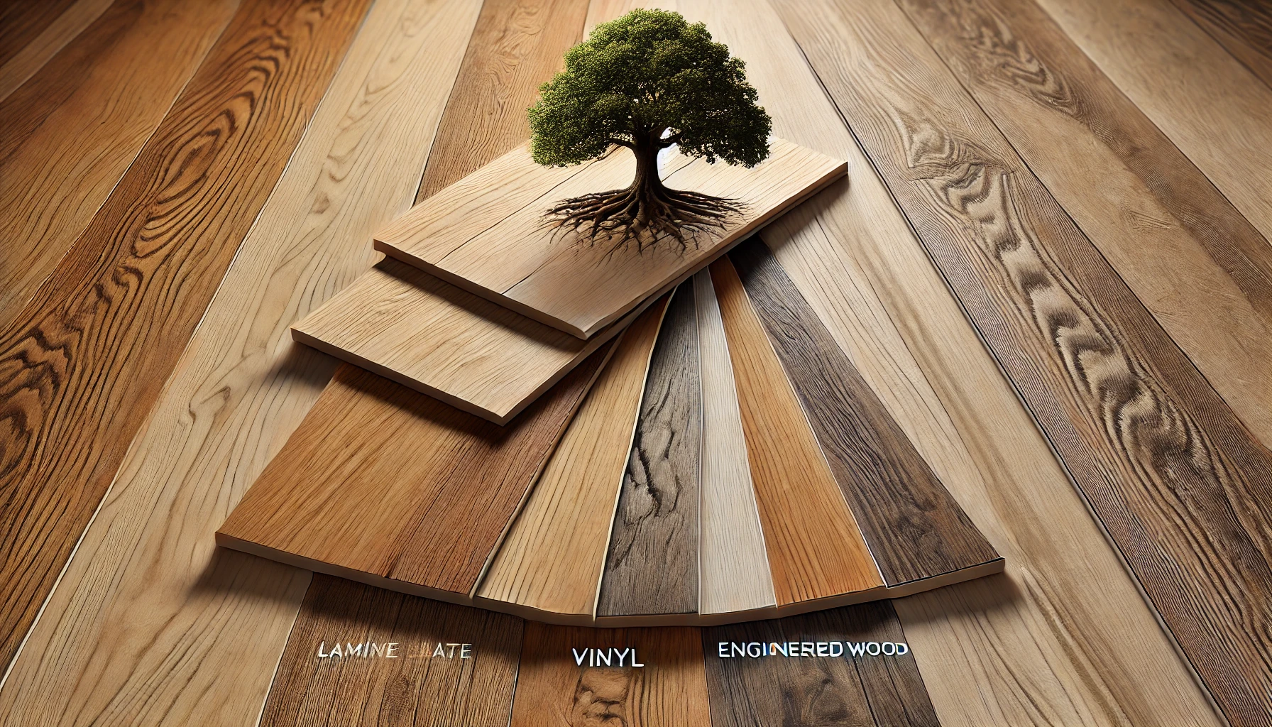 An assortment of flooring samples, including laminate, vinyl, and engineered wood, with a tree growing from a wood plank centerpiece.