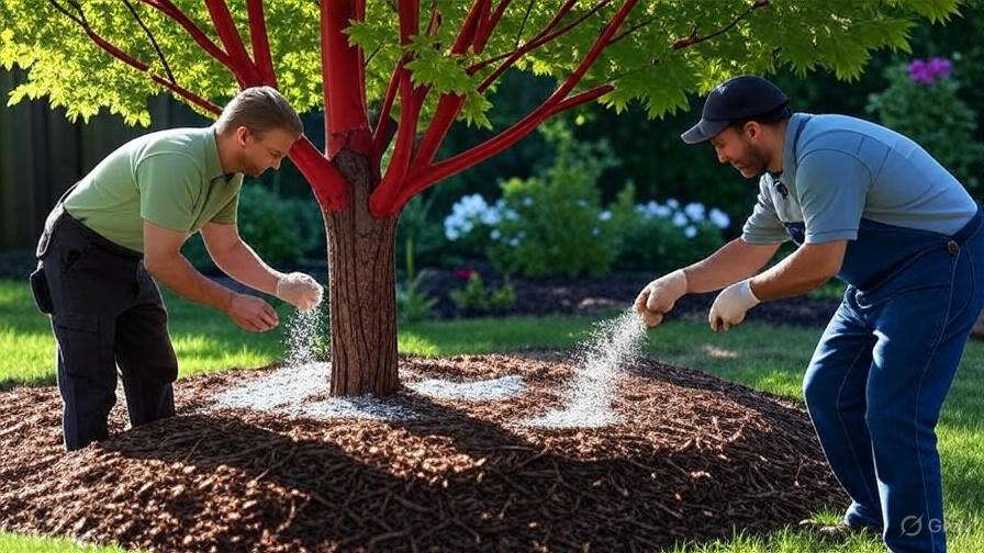 Two men are applying mulch around the base of a vibrant red tree, enhancing its growth in a lush green garden setting.