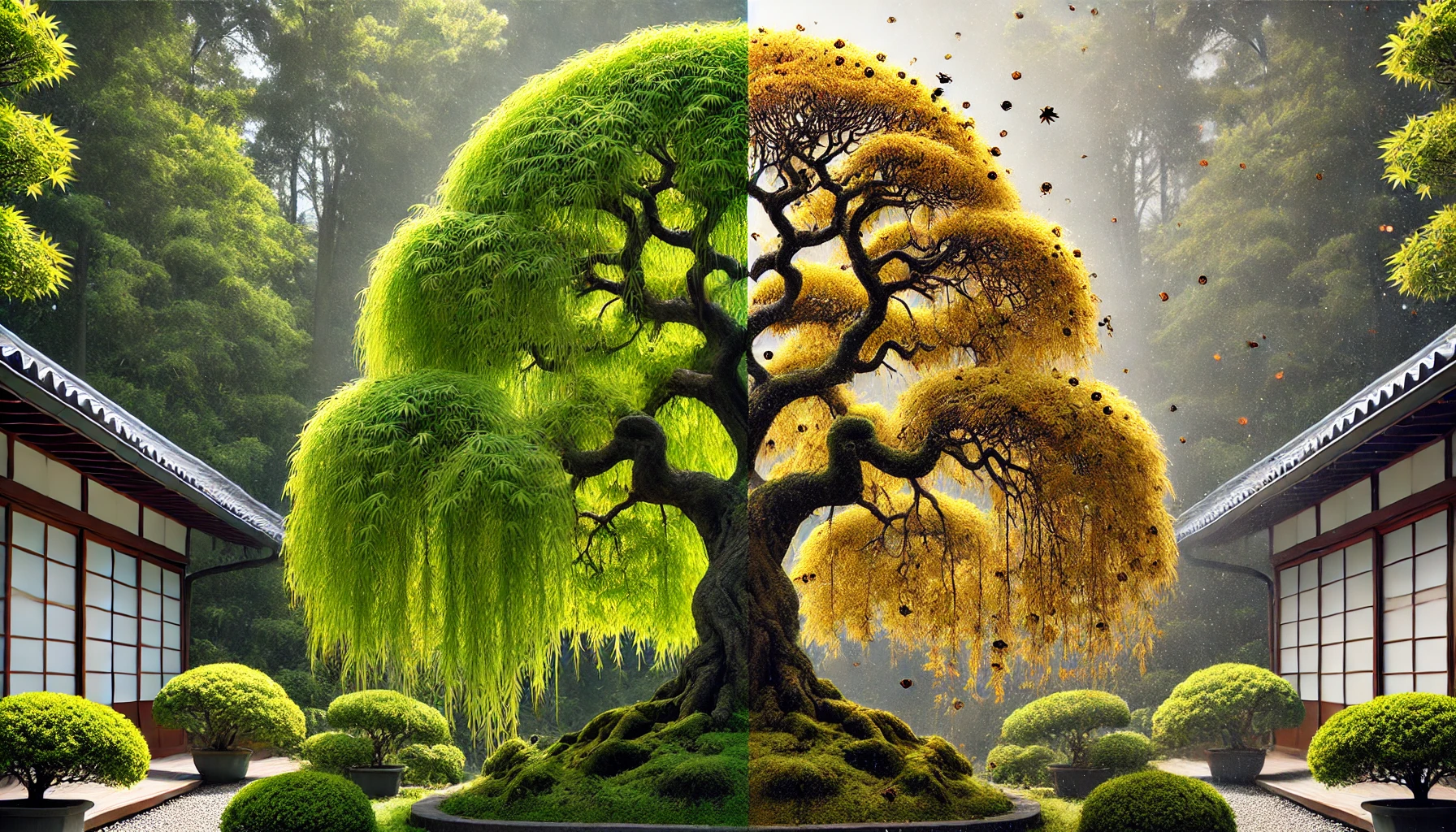 A split-image of a vibrant green tree transitioning to a golden autumn tree, set against a serene garden backdrop.