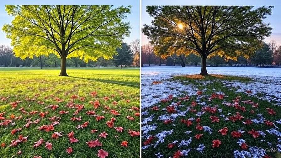 A split image showing a vibrant green tree with autumn leaves on the left, contrasted with a snowy landscape on the right.