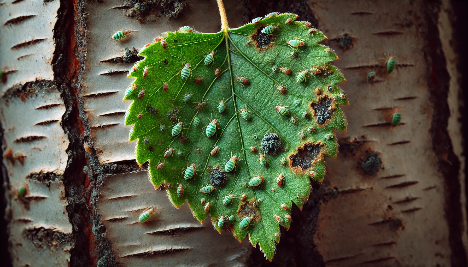 Close-up of a green leaf infested with small green insects on a textured, peeling birch tree trunk background.