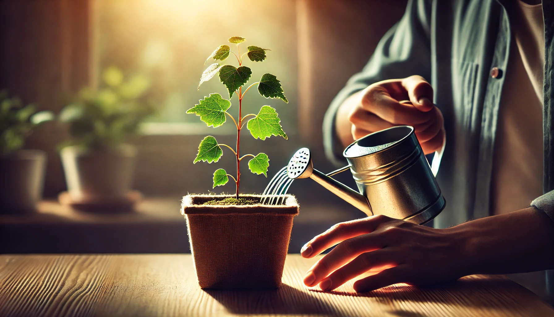 A person waters a young plant in a rustic pot, sunlight streaming through a window, highlighting the vibrant leaves and gentle care.
