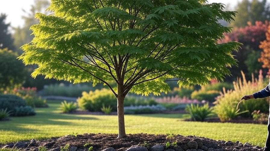 A lush green tree with delicate leaves stands prominently in a vibrant garden, surrounded by colorful flowers and soft sunlight.
