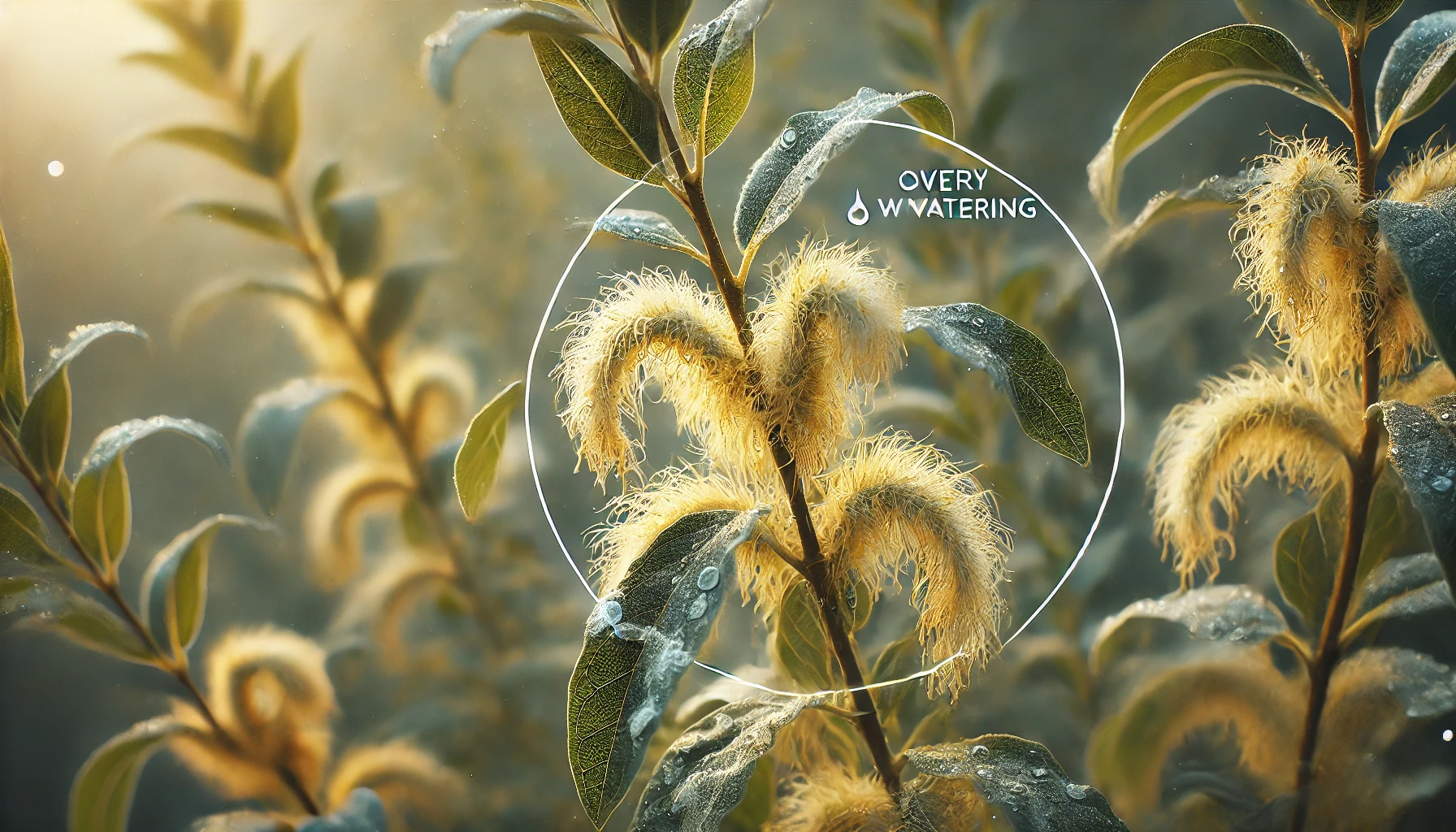 Close-up of a leafy plant with fuzzy, yellow blooms, highlighting signs of overwatering with water droplets on leaves.
