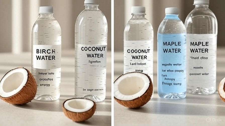 Four bottles of birch, coconut, and maple water displayed alongside two halved coconuts on a light background.