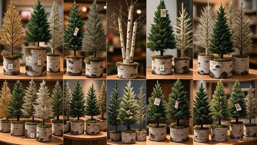 A display of various decorative miniature trees in birch pots, featuring gold, green, silver, and bare branches, ideal for holiday decor.