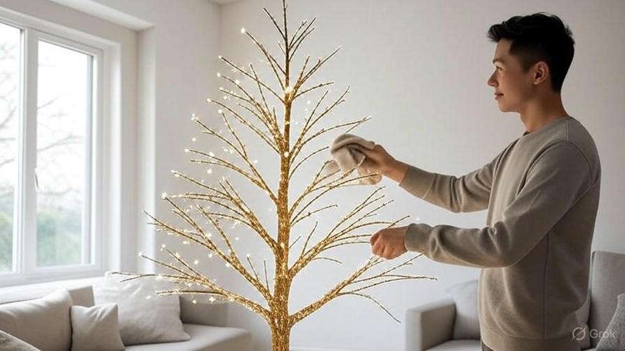 A person in a cozy living room carefully wipes the branches of a sparkling, decorative tree adorned with lights.