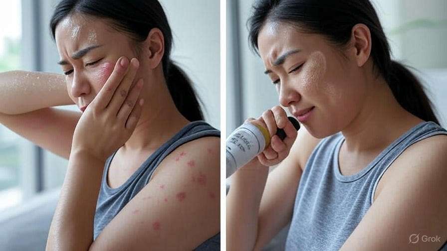 A person applies skincare on their arm, showcasing visible redness and spots on their skin, indicating a skincare routine in progress.
