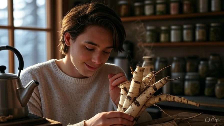 A person holding birch branches in a cozy kitchen filled with jars, soft sunlight streaming through a window.