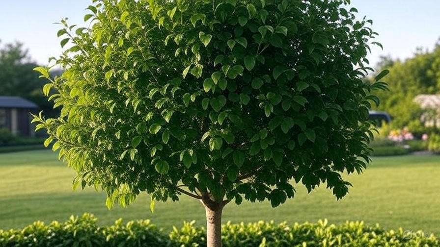 A lush, round green tree with dense foliage standing prominently in a sunny garden, surrounded by a well-maintained lawn.