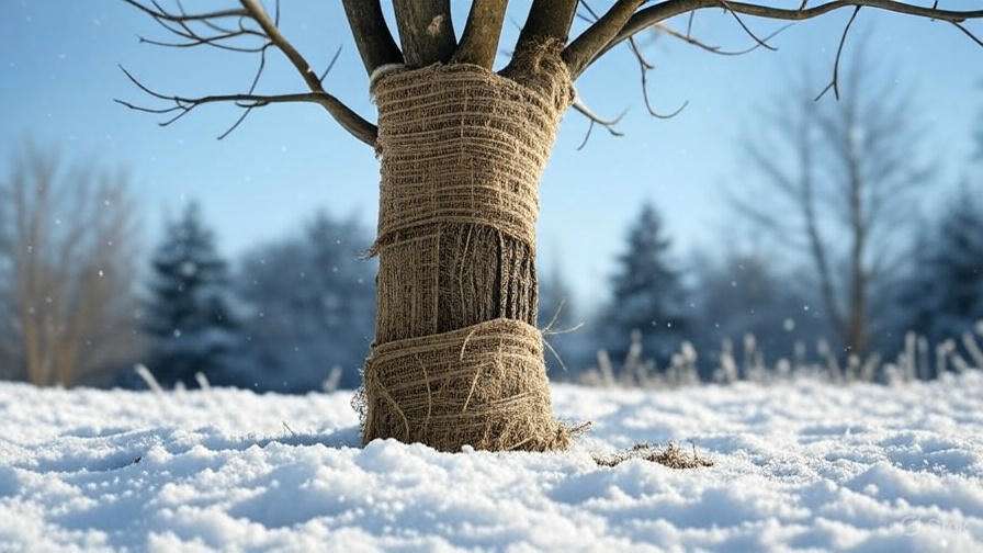 A tree wrapped in burlap stands in a snowy landscape, with barren branches against a clear blue sky.
