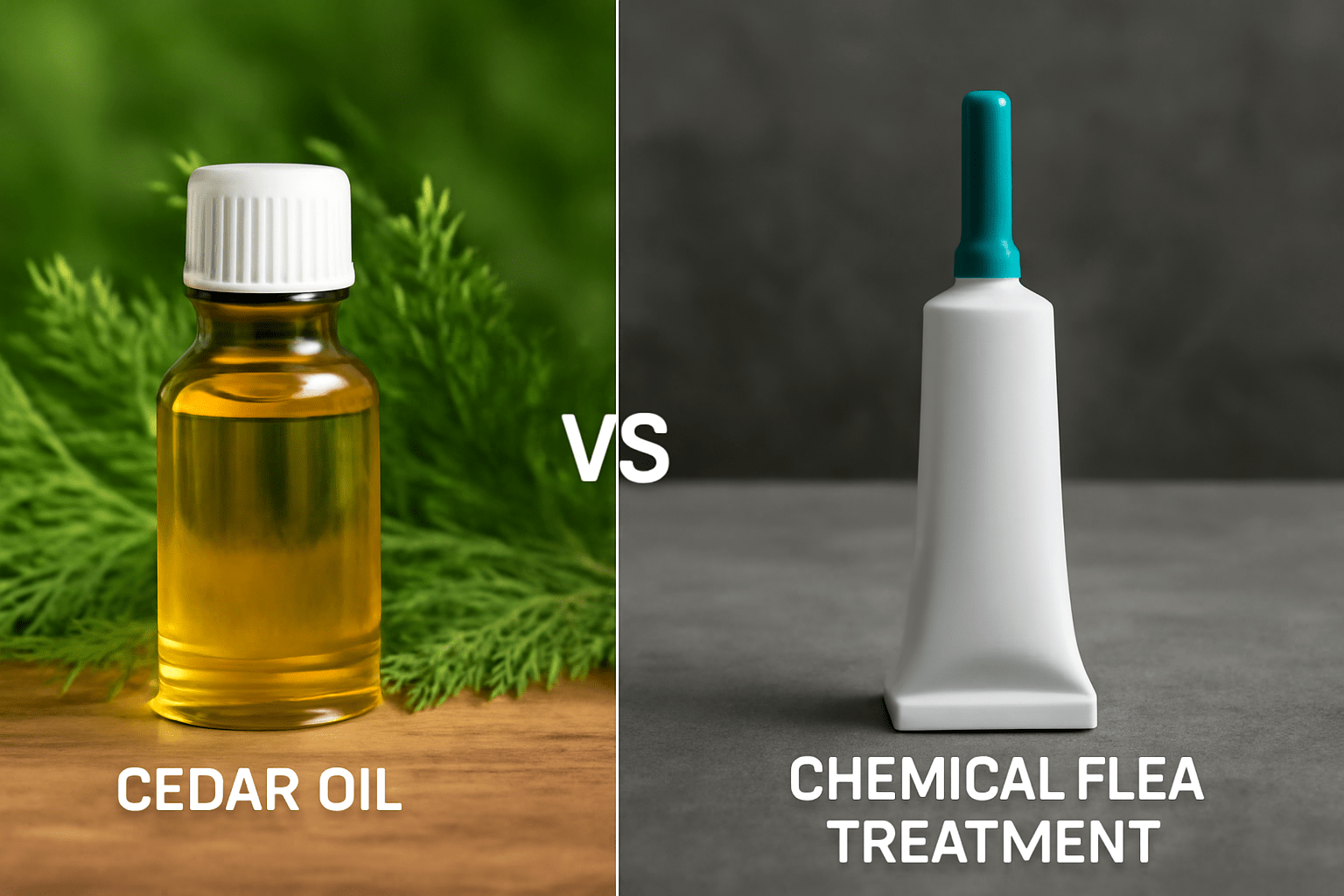 Split image comparing cedar oil and chemical flea treatment. Cedar oil bottle on the left with green foliage, chemical tube on the right on gray surface.