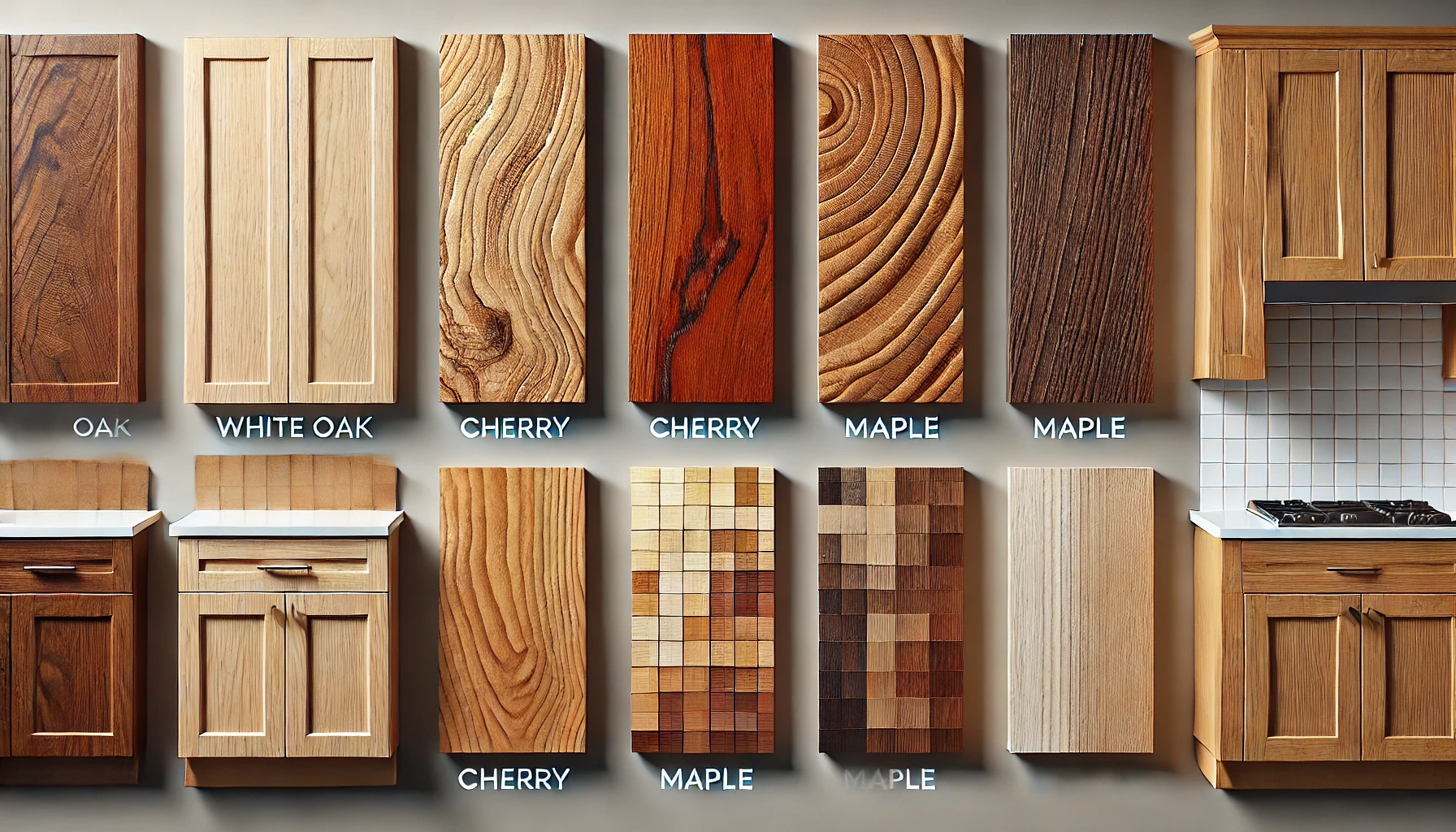 A stylish display of various wood cabinet samples, including oak, white oak, cherry, and maple designs, alongside a kitchen setup.