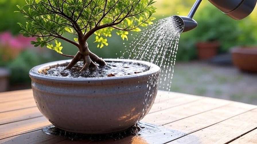 A small bonsai tree is being watered from a metal watering can, with water cascading into a ceramic pot on a wooden table.