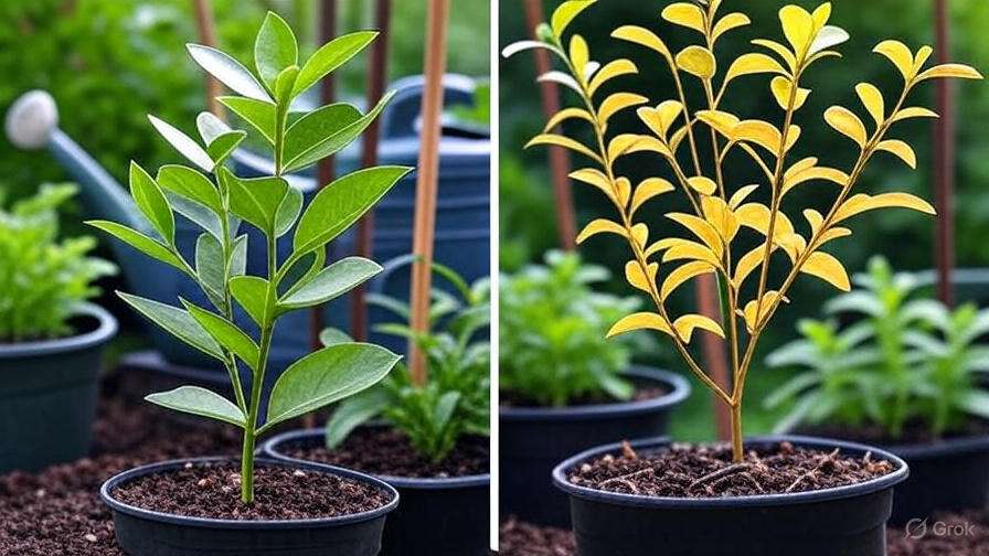 Two potted plants side by side: a green, leafy plant on the left and a yellow-leaved plant on the right, both thriving in rich soil.