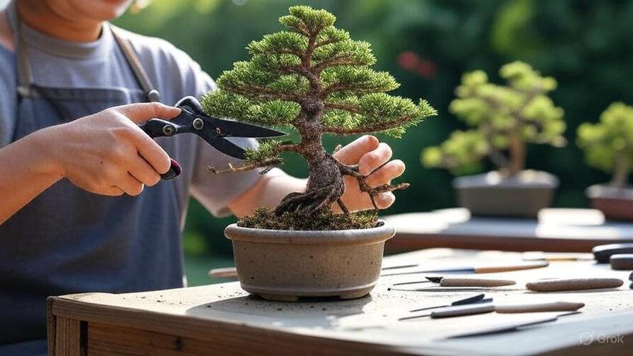 A person trims a bonsai tree with scissors, wearing an apron, at a wooden table with tools. The scene is calm, set in a sunny garden.