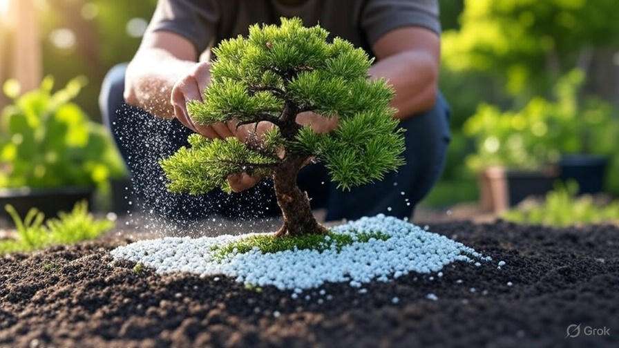A person gently shapes a bonsai tree, surrounded by white pebbles on rich soil. Sunlight filters through leaves, evoking tranquility and care.