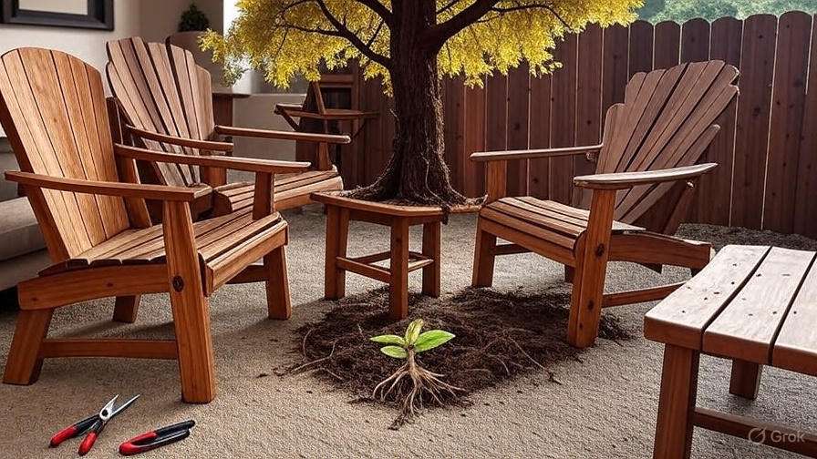 Wooden chairs surround a small table in a cozy, enclosed patio area. A plant grows through a hole in the table, adding a touch of nature.