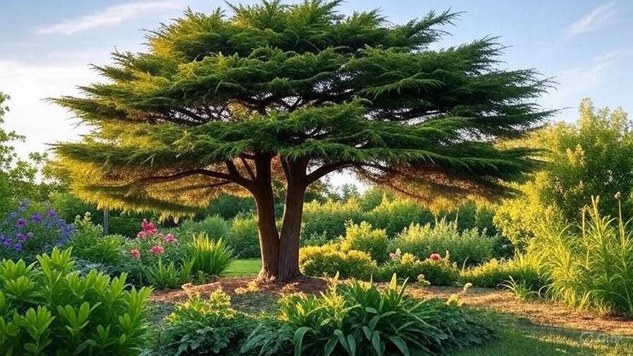 A large tree with a wide canopy is centrally positioned in a lush garden, surrounded by vibrant pink and purple flowers under a clear blue sky.